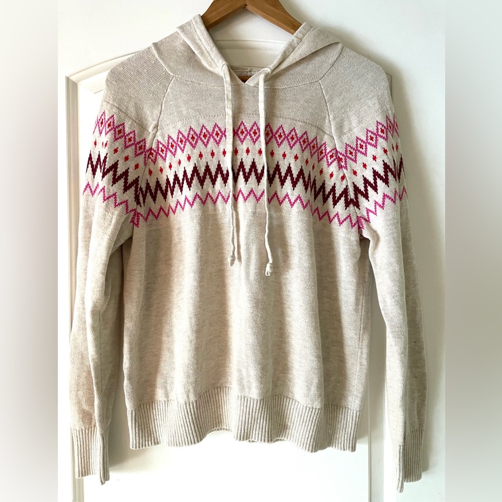 Loft Knit Sweater Tan with Pink Burgundy Red Pattern Size Large Hoodie